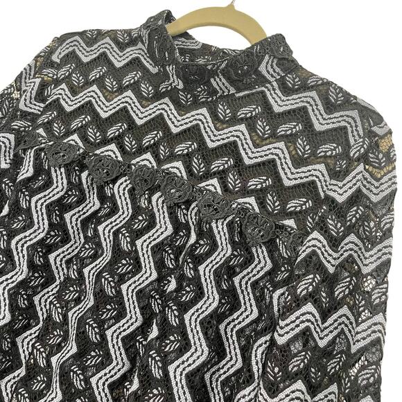 Anna Sui Top Blue Black Chevron Lace Bell Sleeve High Neck Cottagecore Large - Picture 7 of 10